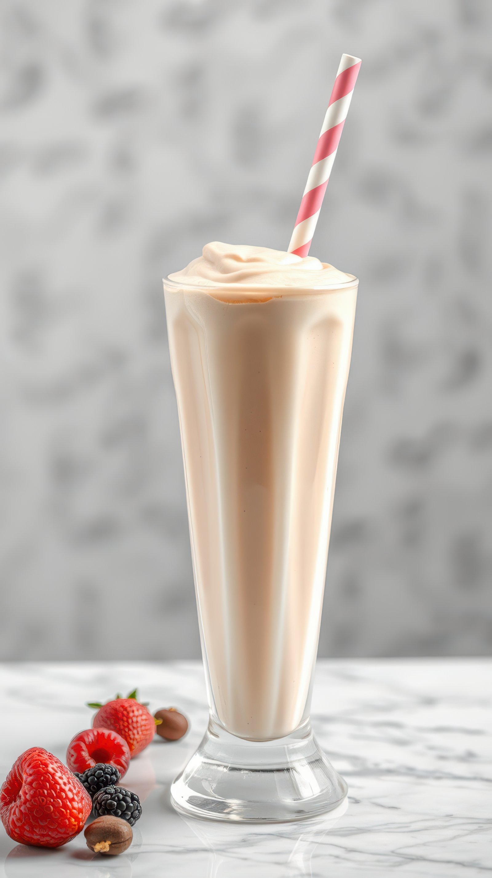 Creamy strawberry milkshake topped with whipped cream and a straw on a marble table with fresh berries nearby